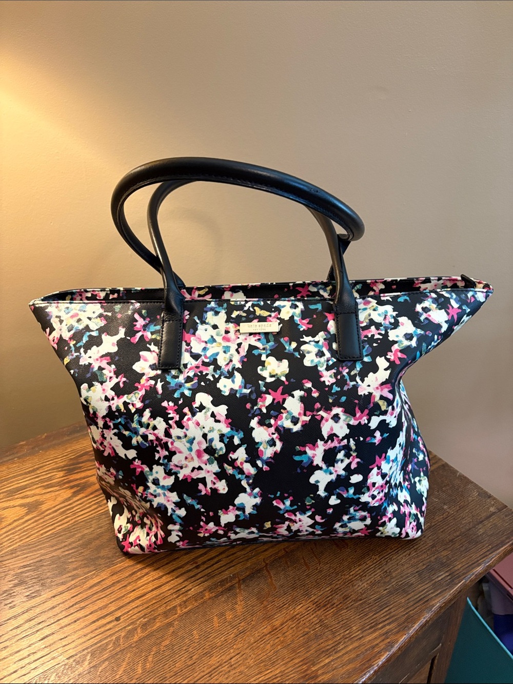kate spade Black Floral Print Tote with Pink and Blue Accents